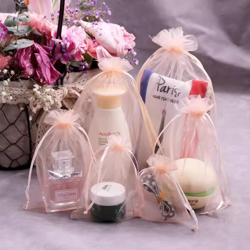 Champagne mesh bag cosmetic storage bag sample lipstick packaging bag gift bag with hand gift bag manufacturer in stock