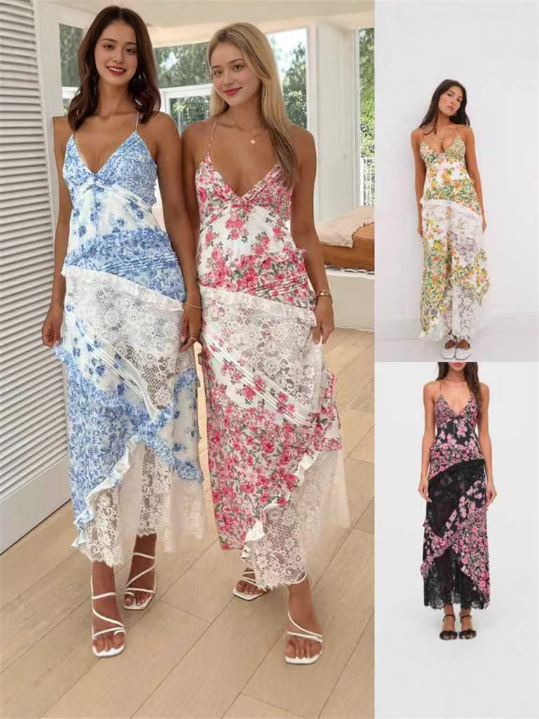 New Amazon European and American Women's Instagram Vacation Dress Hollow Slim Deep V Ruffled Floral Backless dress
