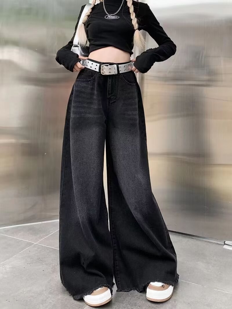 Black Grey High Waist Denim Culottes Women's Spring and Autumn 2024 New Loose All-match Slim-fit Wide Leg Pants
