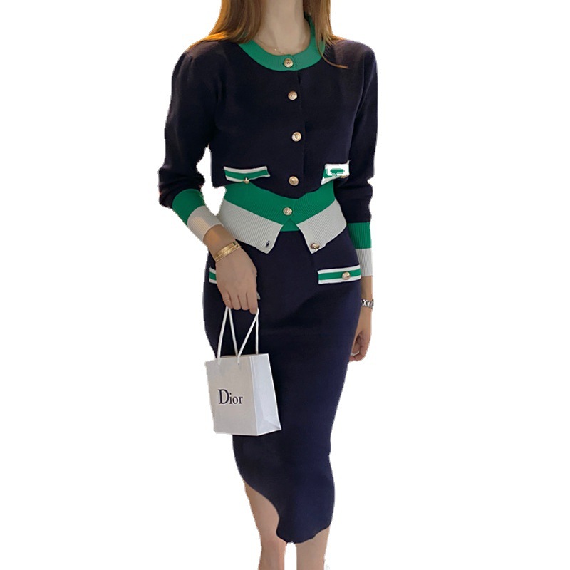 Picture of 2025 Autumn and Winter Elegant Age-Reducing Knitted Hip Skirt Suit Small Fragrant Contrast Sweater Skirt Two Pieces 7659