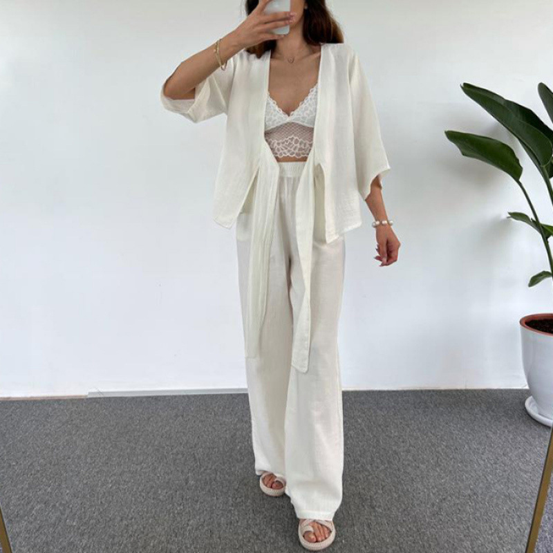 Picture of European and American Cross-Border Export Women's Fashion Casual Loose Suit Plain Lace-Up Three-Quarter Sleeve Cardigan Trousers Two-Piece Set