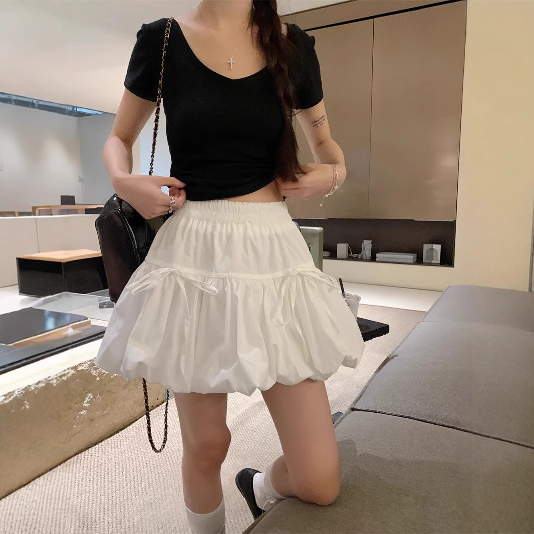 Bow design pleated midi skirt, 2025 summer new French puffy cake skirt, high-waisted A-line short skirt
