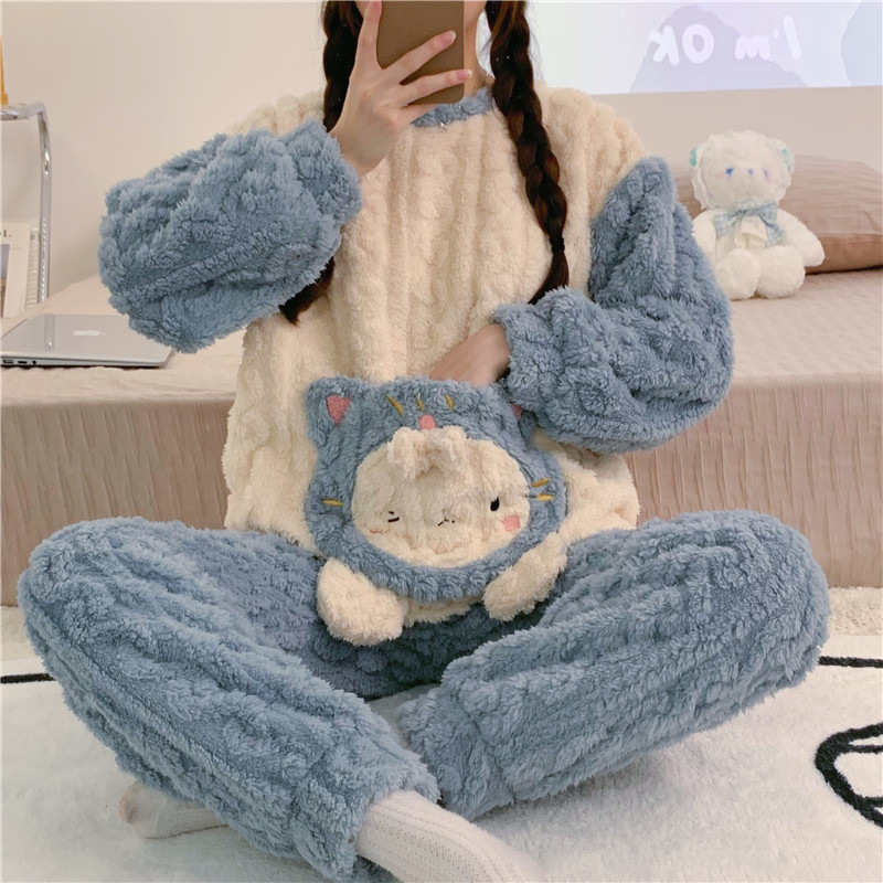 2023 flannel pajamas women's autumn and winter New round neck cute cartoon thickened coral fleece home wear suit