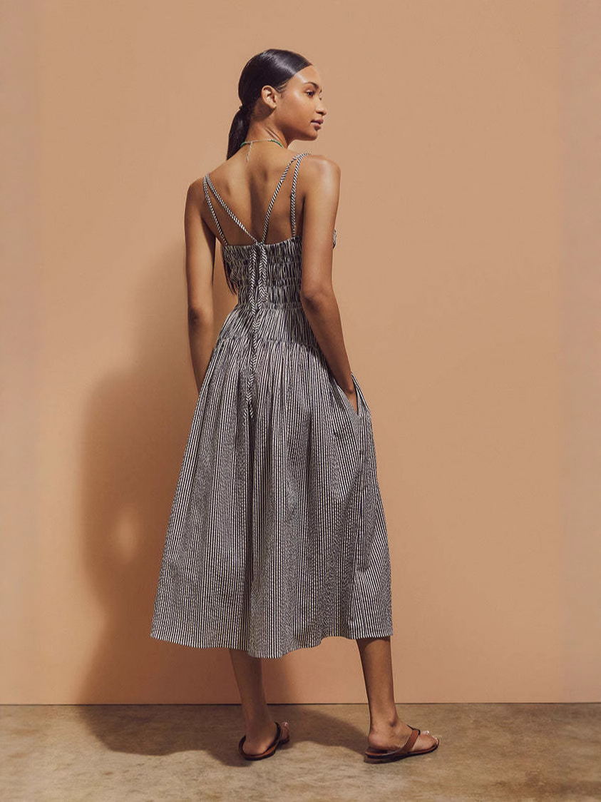 Amazon 2025 Striped Cotton Mid-Length Dress with Adjustable Straps, Backless Cross-Over Three-Row Pleated Lace-Up