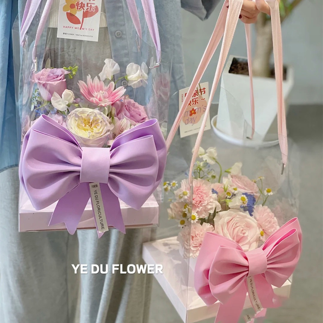 Hand-Held Flower Box Rose Flower Handbag Pvc Transparent Bouquet Packaging Bag Teacher's Day Flower Arrangement Gift Box