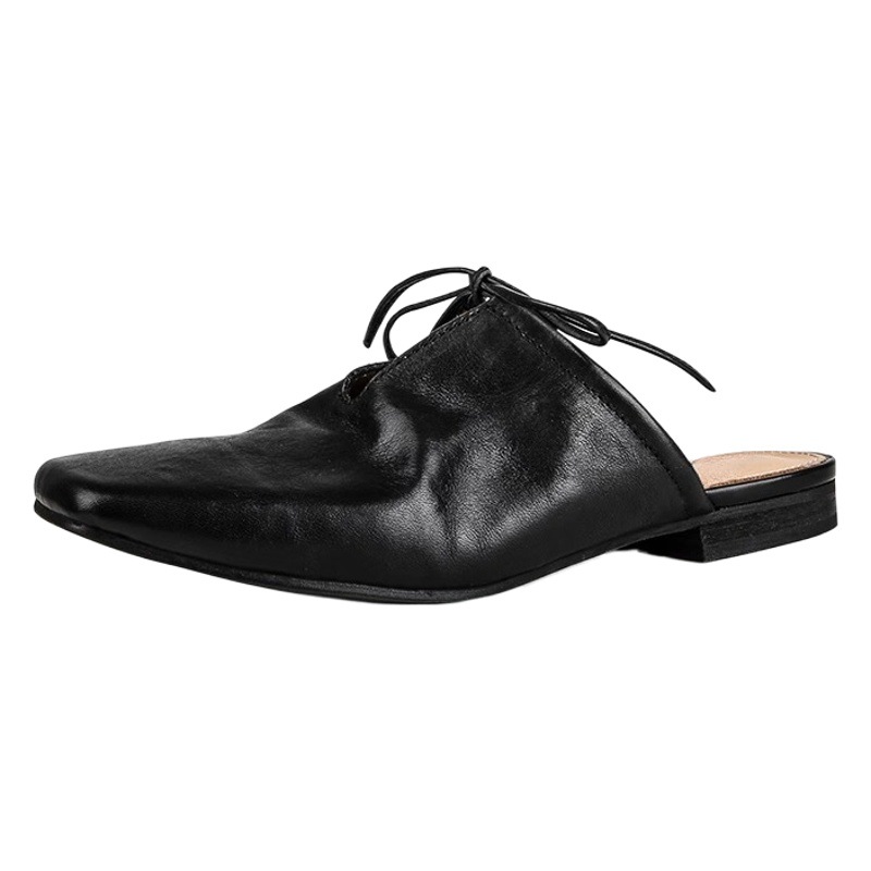 Square-Toe Lace-Up Mules, Low-Heeled Pleated Old Craftsmanship, Genuine Leather Toe-Cap Half Slippers, Women's Outer Wear, Lazy Shoes, Sandals