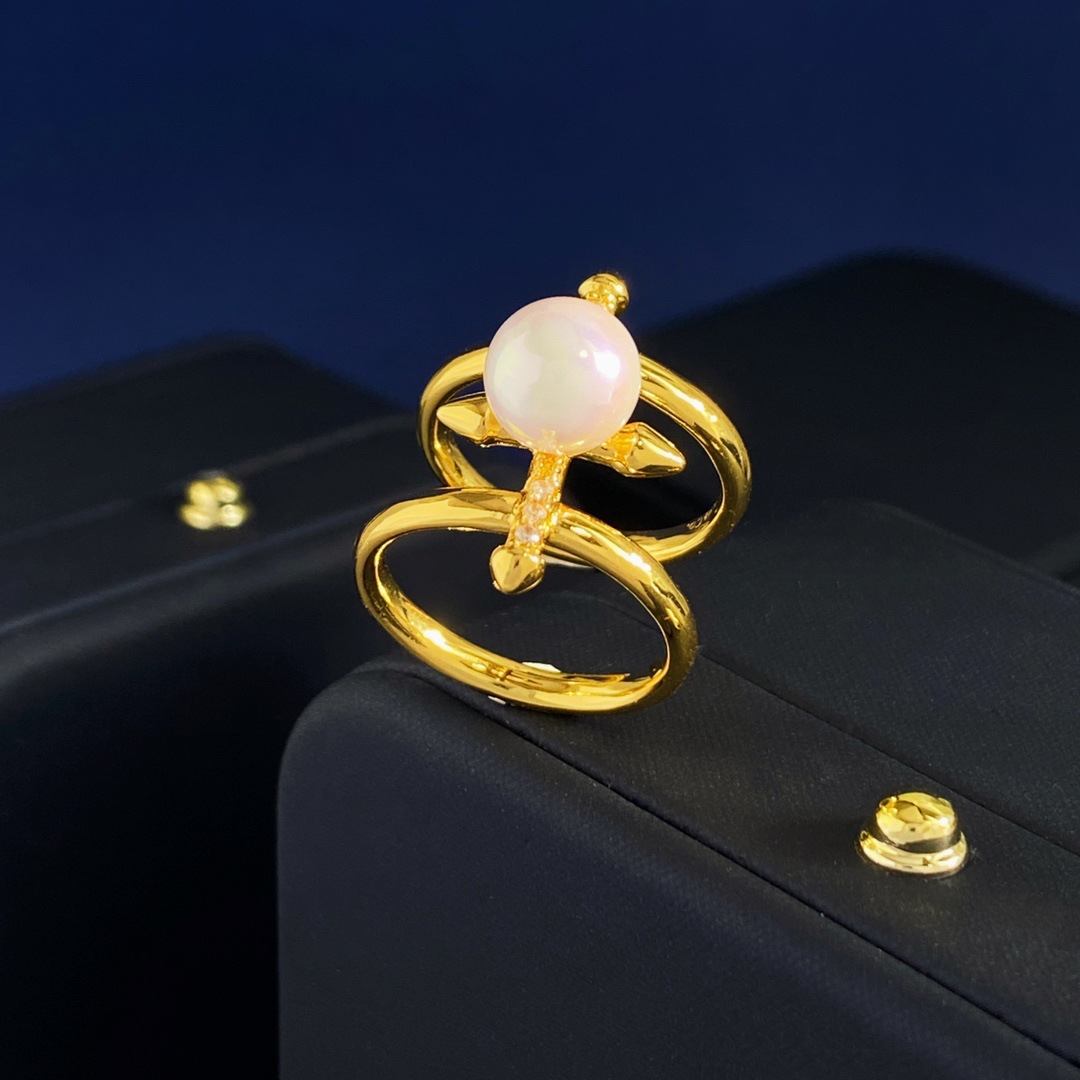 European and American Fashion Accessible Luxury Diamond Arrow Cross Pearl Ring Freshwater Pearl Open Ring Retro Index Finger Ring