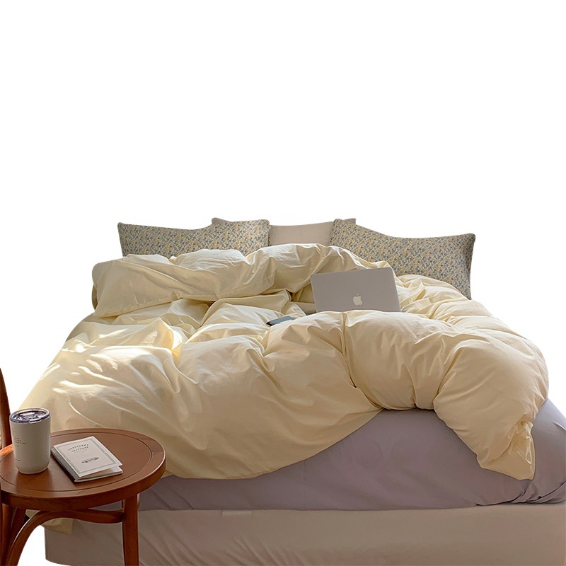 ins Cotton Washed Cotton Four-piece Bedding Fairy Style Romantic Solid Color Double Bed Sheet Cotton Three-piece Set