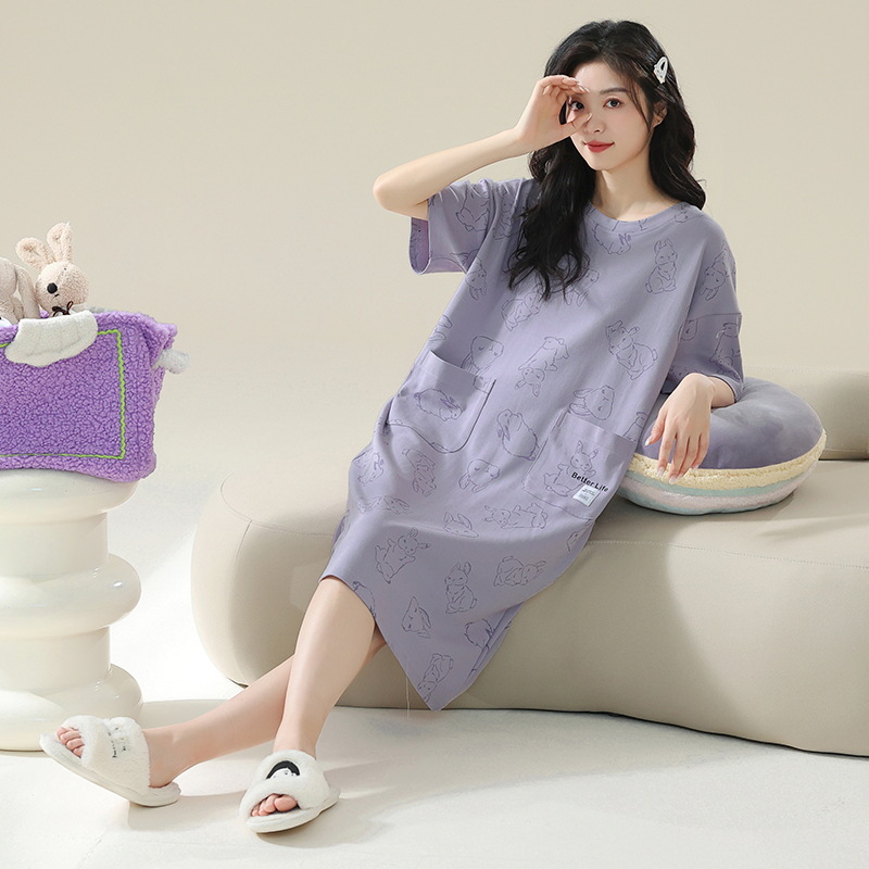 [Super Soft] Class A Bacteriostatic Nightgown Women's Summer Cotton Short Sleeve Medium and Long Leisure plus size Summer Home Wear