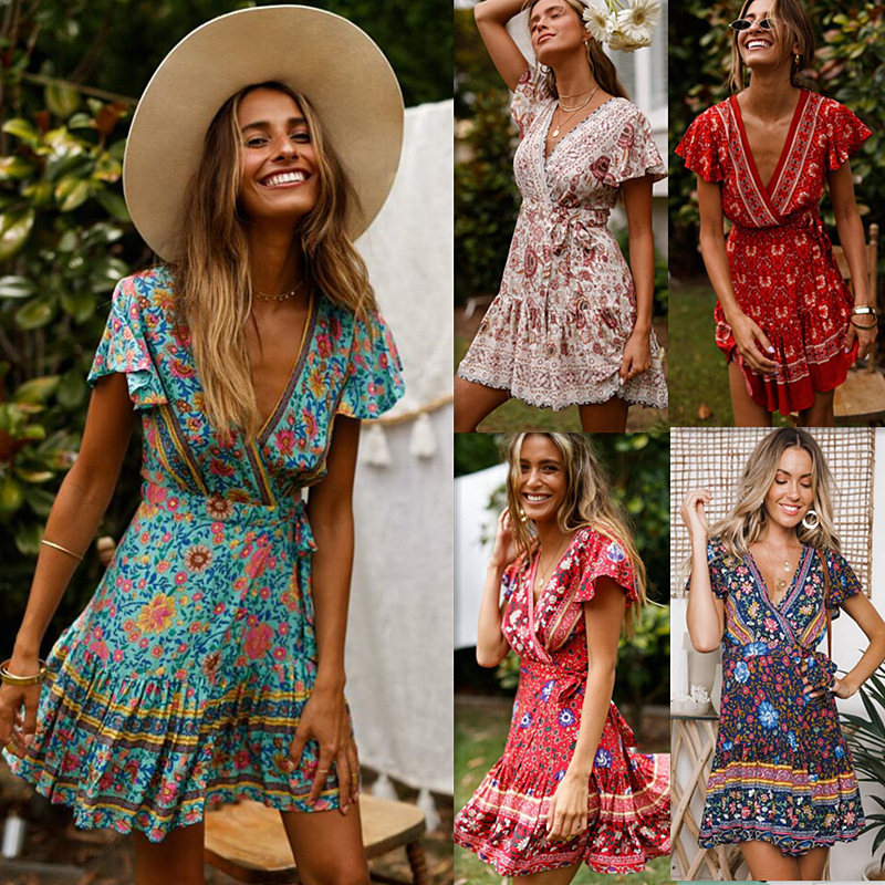in stock cross-border new Amazon hot-selling V-neck holiday printed dress casual dress women's clothing