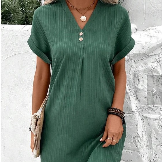 Picture of Cross-border European and American Women's 2023 New Amazon V-neck Solid Color Pullover Comfortable Casual Button Dress