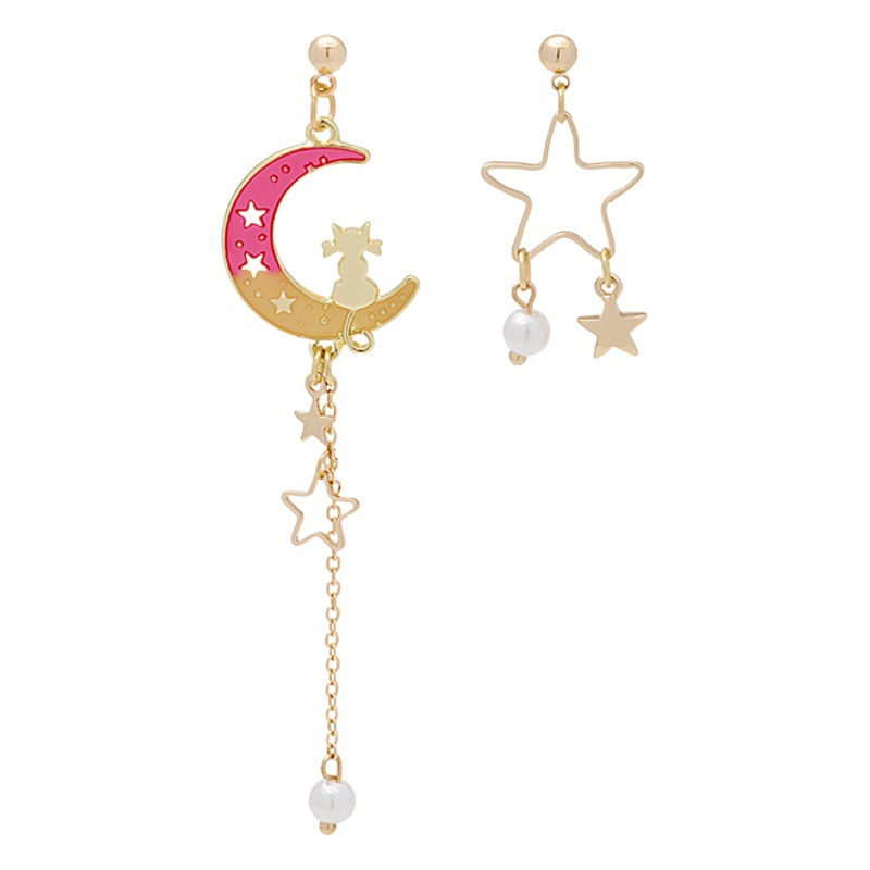 South Korea small fresh asymmetric cat moon stars gradient color earrings beautiful dream long tassel earrings