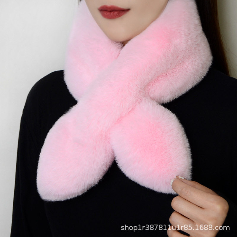 Picture of Internet Celebrity Plush Scarf Women's Winter Imitation Rex Rabbit Fur Thickened Warm Neck Protection All-match Simple Cross Fur Collar