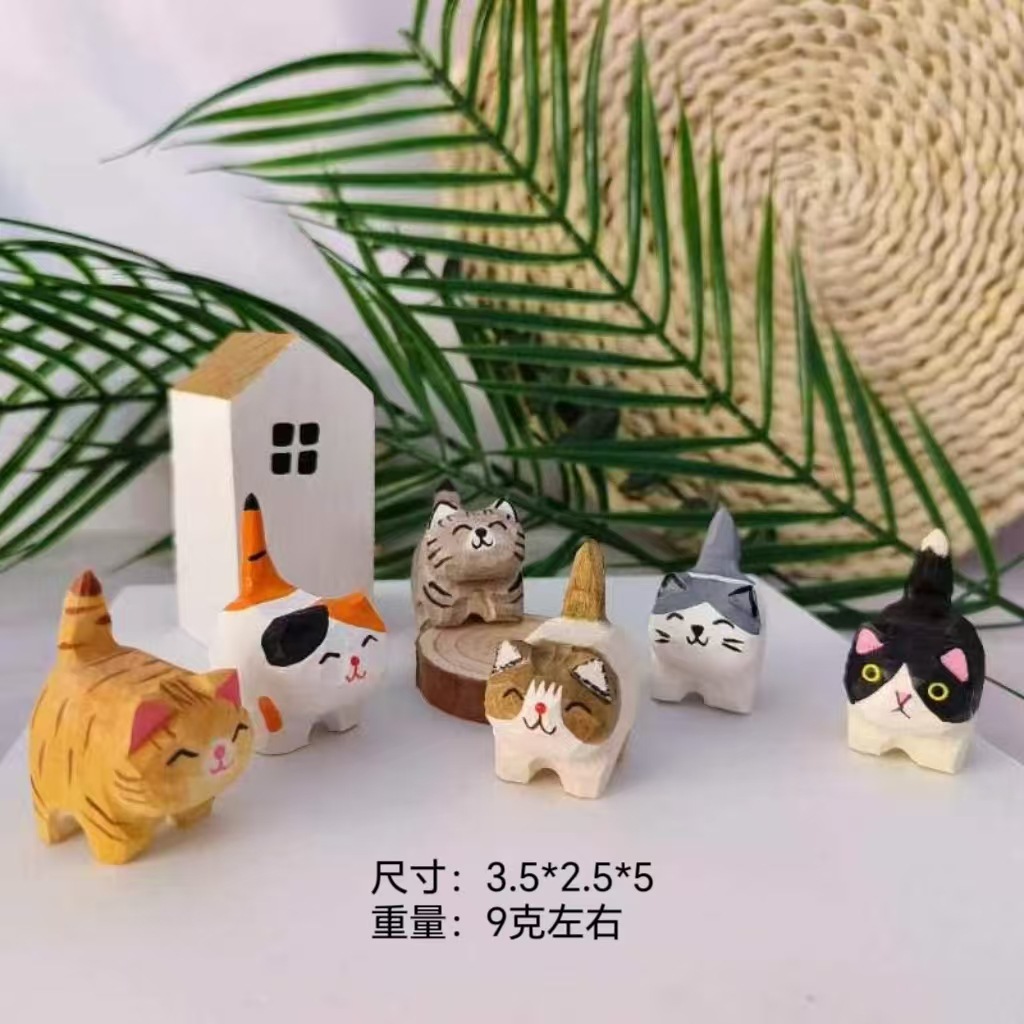 Picture of Wood carving kitten key chain cute cute desktop decoration solid wood handmade birthday gift home accessories