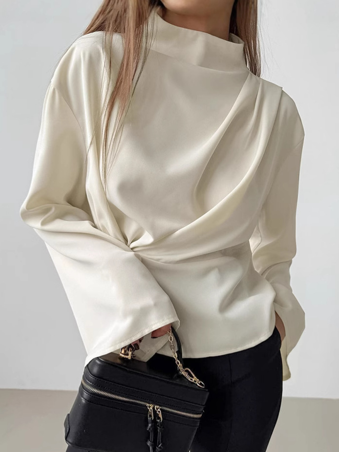 French Chiffon Trumpet Sleeve Top for Women 2025 Autum Fashion Apricot Lace-Up Waist Stand-Up Collar Shirt Cross-Border Women's Clothing