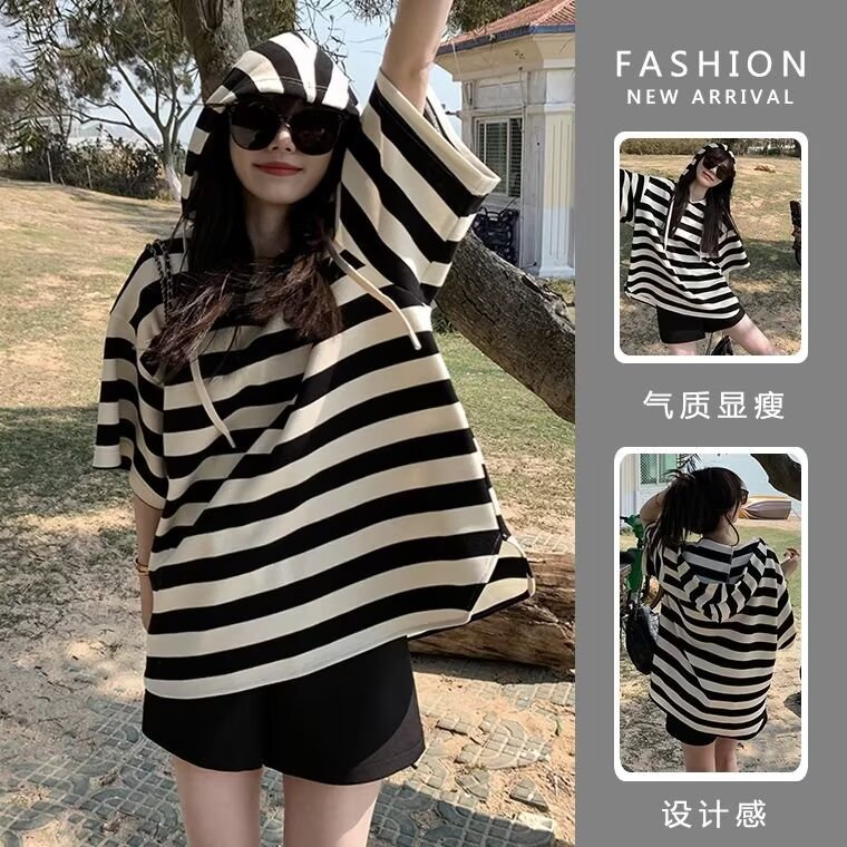 Japanese Style Contrast Stripesd T-Shirt Short-Sleeved Trendyy Label Top Summer Loose and Versatile Couple Half-Sleeved T-Shirt