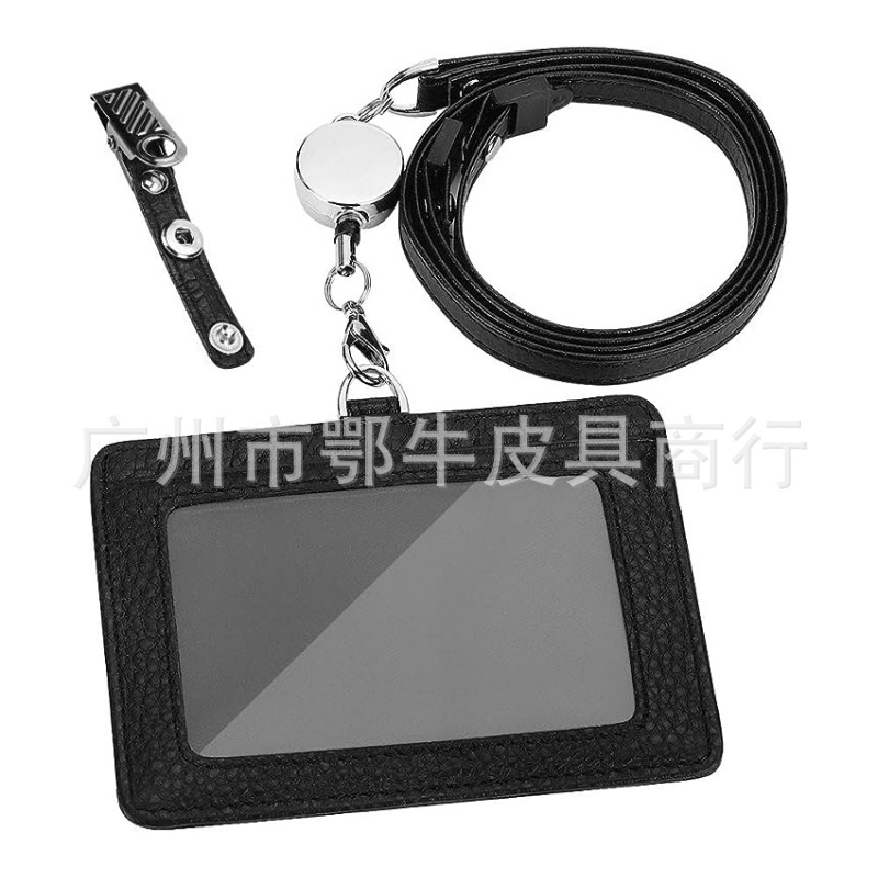 Cross-border Amazon cowhide litchi pattern work permit work card holder lanyard employee factory card genuine leather ID card