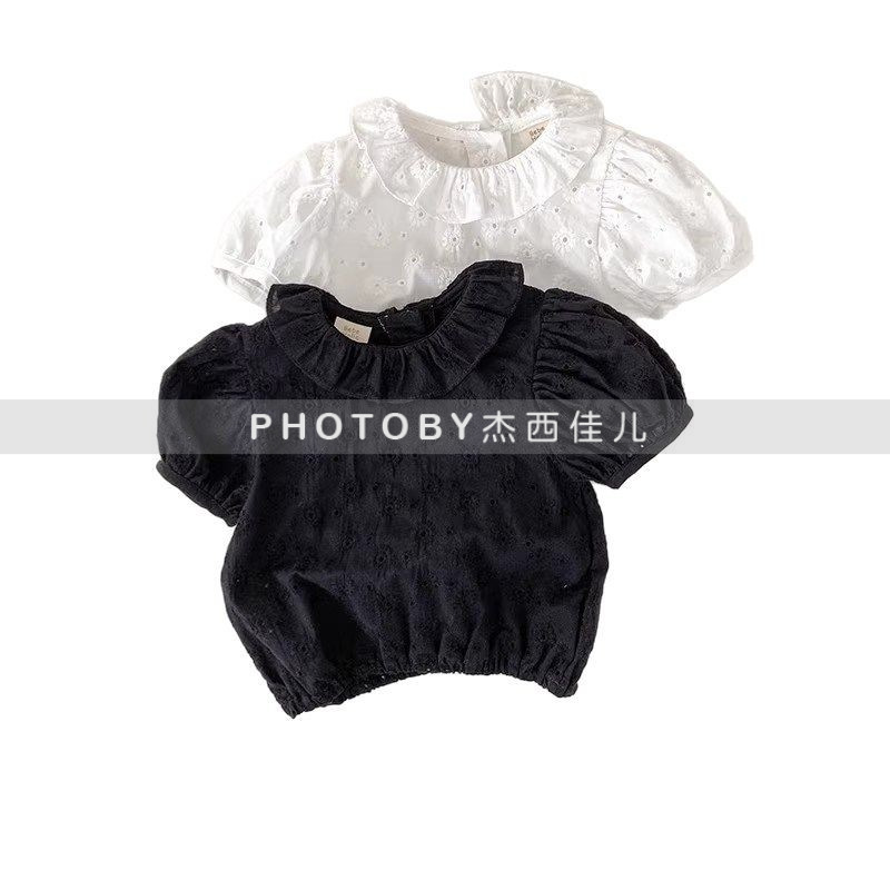 Picture of South Korea New Children's Wear Girls 2025 Summer Lace Hollow Flower Stylish Cute Fashionable Doll Short Sleeve Shirt