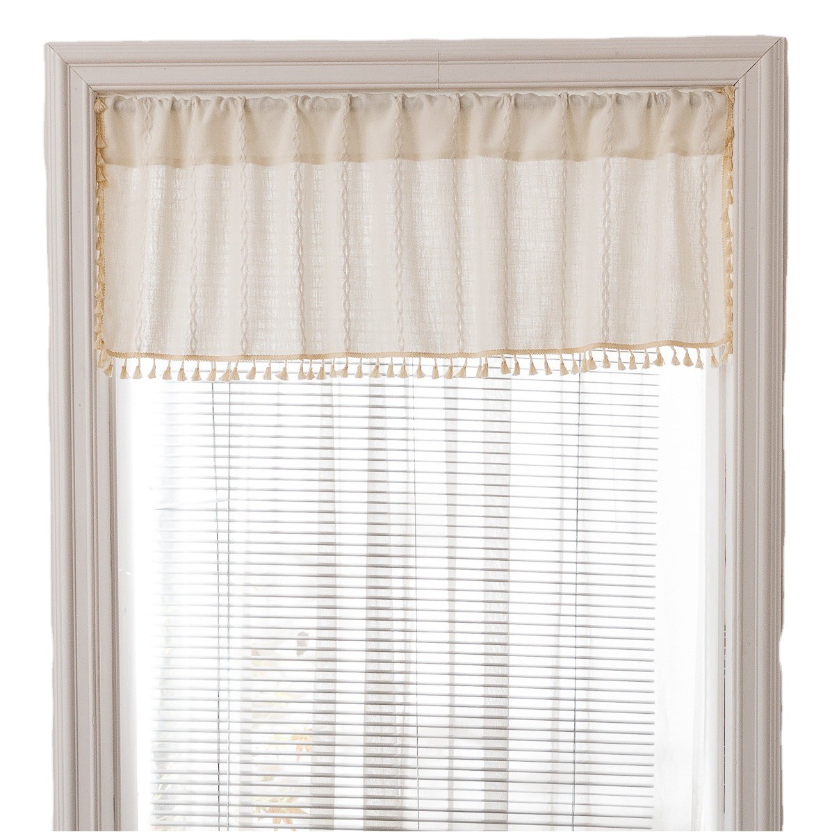 Cross Border Factory Amazon Hot Sale INS Cotton Linen Tassel Kitchen Window Curtain French Striped Rod Pocket Curtain