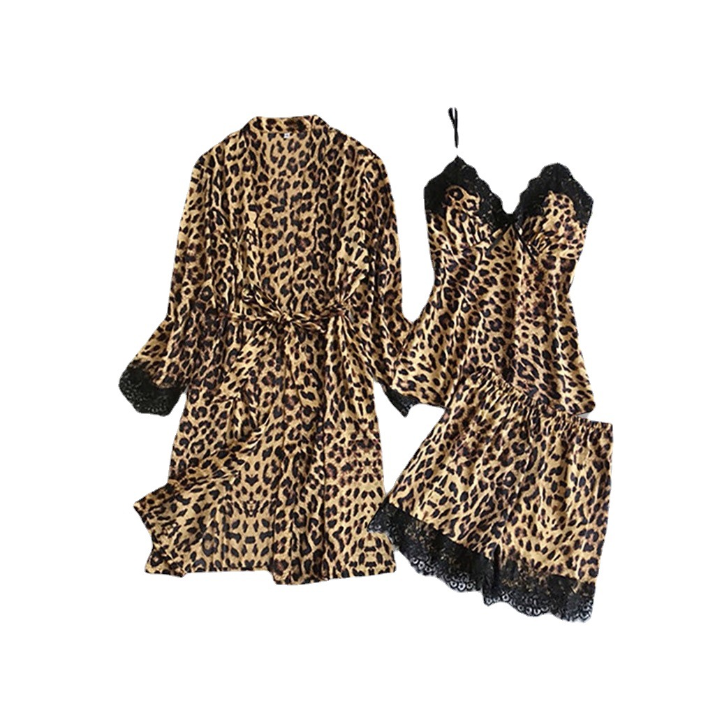 Picture of Factory wholesale sexy pajamas new leopard print home wear suspender shorts bathrobe three-piece set one-piece delivery