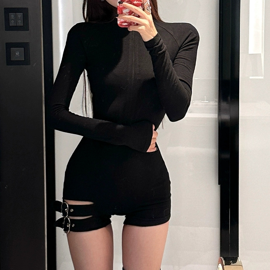 New Style Pure Desire Style Black Body Clothes Base Top Slim-fit Strap Autumn and Winter Slimming Inner Long-sleeved Body-length American Style