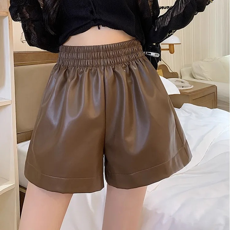 PU leather shorts casual loose high waist wide leg pants for women 2023autumn and winter New Brown A- line bottoming boot pants