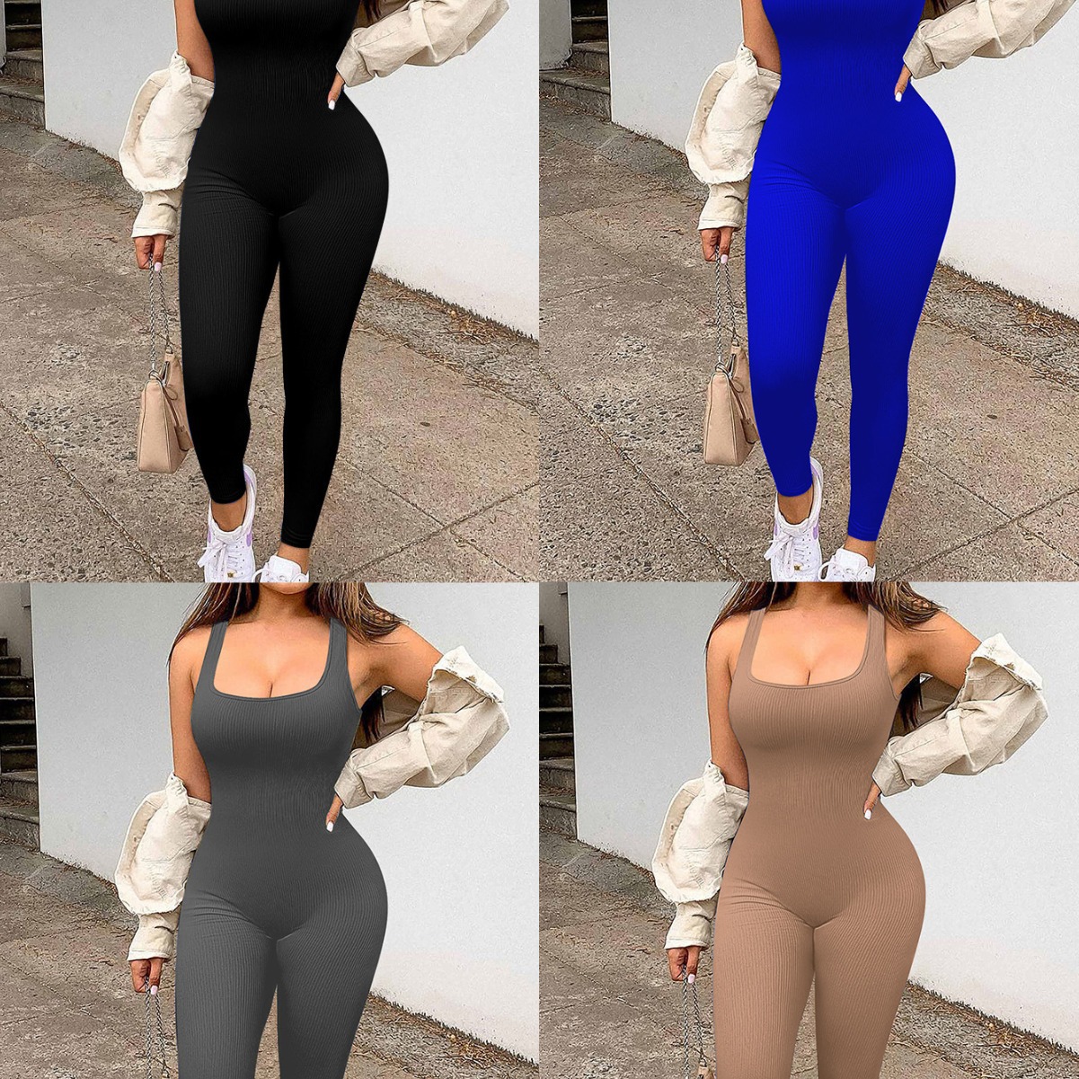 New Cross-Border European and American Popular Pure Color U-Neck Sleeveless Yoga Sports Pants Tight Sexy Jumpsuit for Women