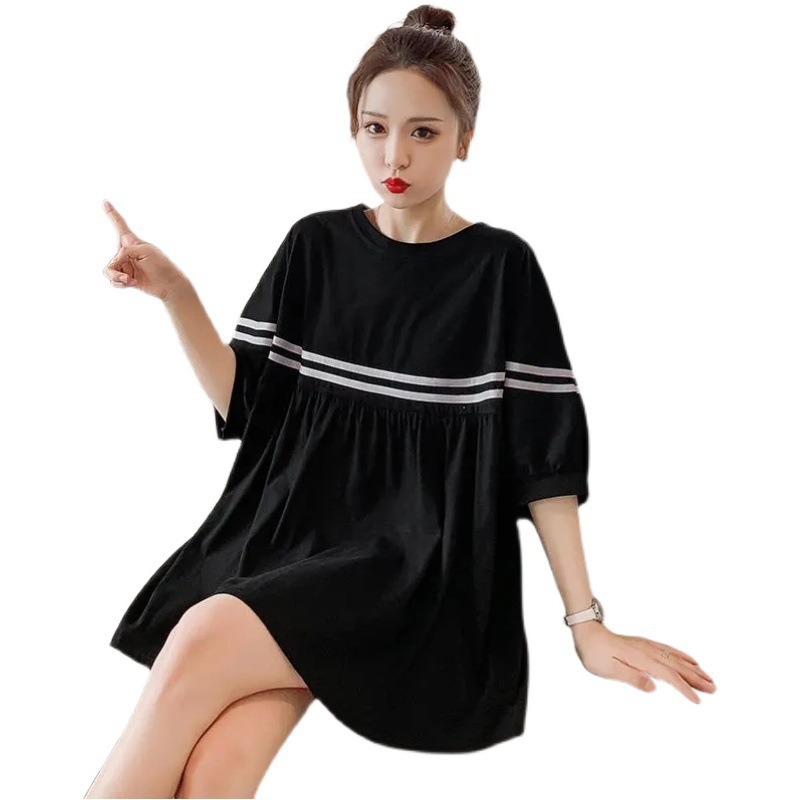 Picture of Spot maternity dress large size women's summer long loose belly covering short sleeve T-shirt skirt 200kg pregnant women's skirt