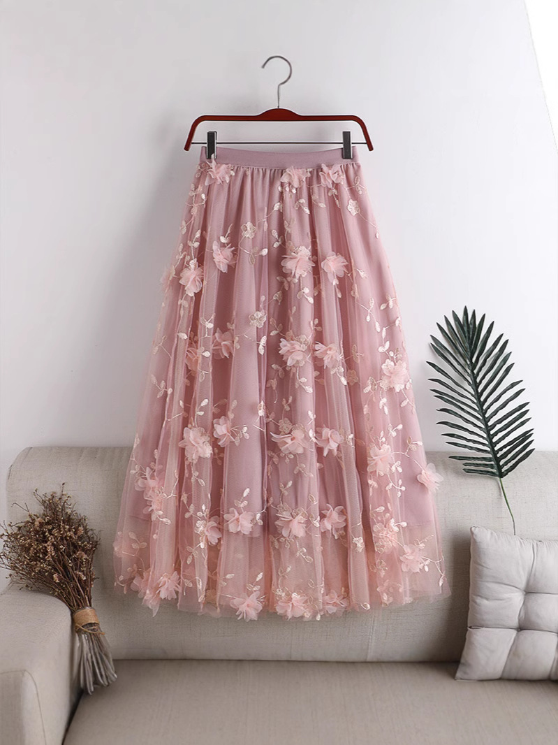 Mesh Embroider Heavy-Duty Skirt Large Size Gauze Skirt 2025 Spring New Style A-Line Literary High-Waisted Long Skirt 8692