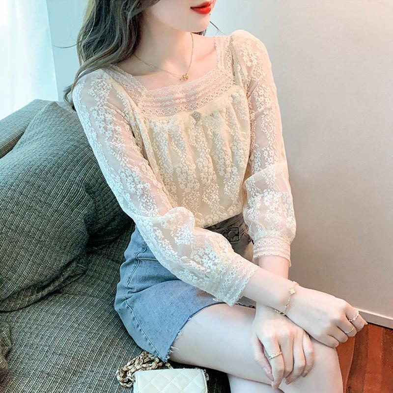 Picture of Lace Base Shirt Women's Wear Autumn and Winter 2024 New Fashion Western Style Square Collar Chiffon Shirt All-match Top