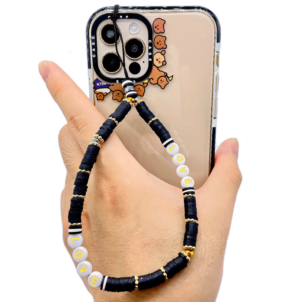 Picture of European and American Style Phone Chain Couple Letter Love Soft Clay Phone Strap Beaded Phone Lanyard Pendant for Women