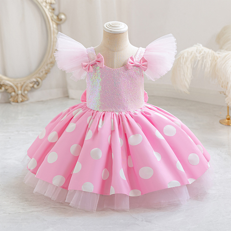 Cross-Border Girls' Flying Sleeve Princess Dress Children's First Birthday Dinner Tutu Skirt Flower Girl Wedding Banquet Dress Children's Dress