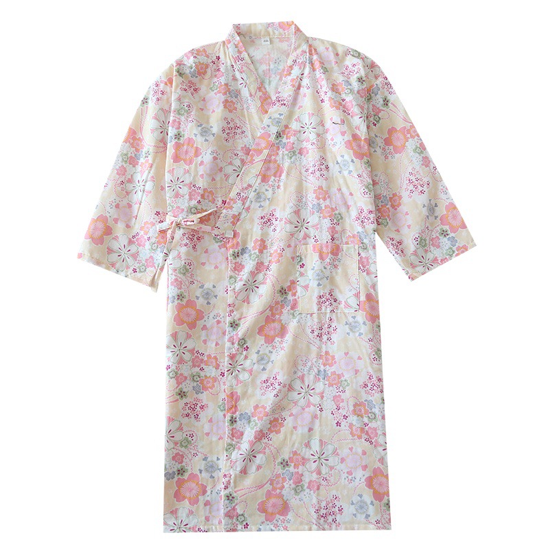 Japanese style cotton nightgown women's kimono spring and autumn cotton double-layer gauze nightdress sweat steaming clothing summer thin bathrobe home wear