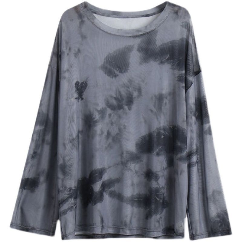 Picture of 2025 New Loose Korean Style Tie-Dye Slightly See-Through Mesh Long-Sleeved T-Shirt, Stylish Sun Protection Bottoming Shirt, Thin Top for Women