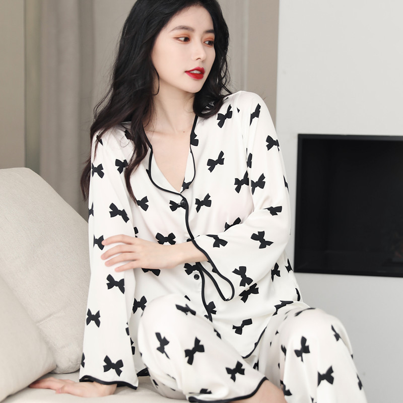 Spring and Summer Silk Pajamas Women's Long-Sleeved Suit Printed Loose Large Size Cardigan Ice Silk Thin Home Wear Ice Feel