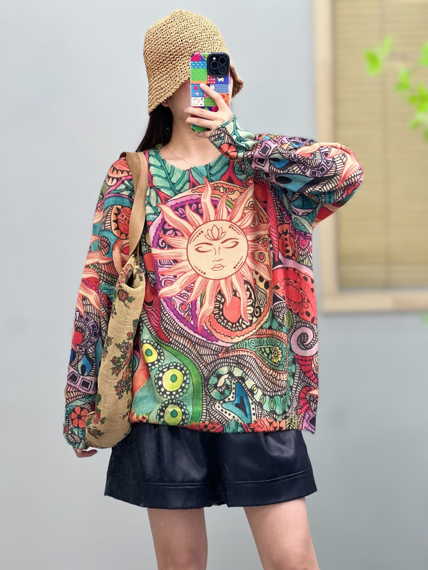 Mink Velvet Knitted Sweater for Women 2024 Autumn and Winter New Style Sun Hand-Painted Printed and Dyed Loose Round Neck Pullover Versatile for Women