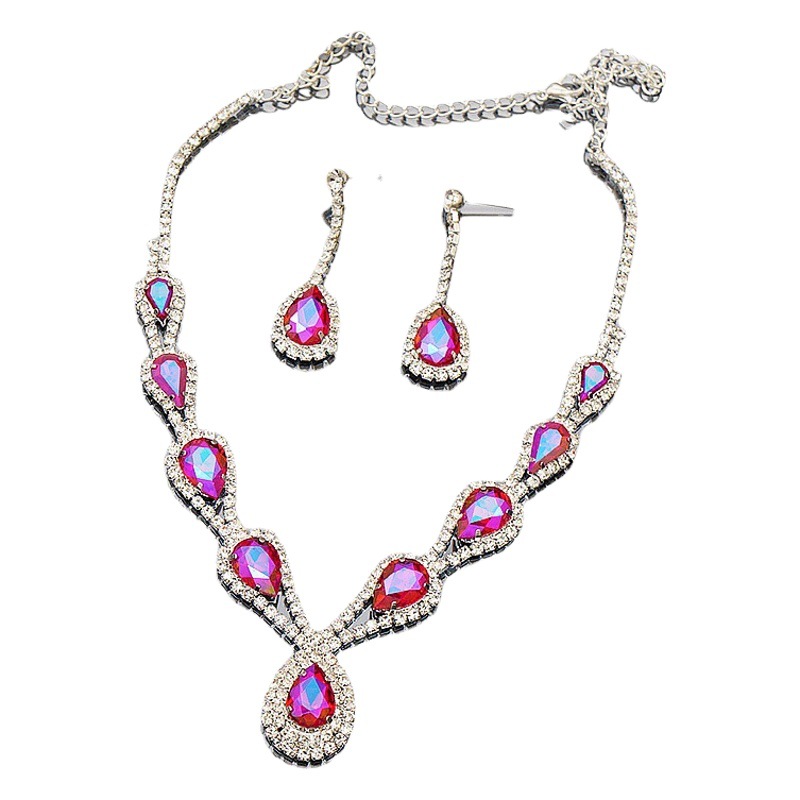 Cross-border supply European and American hot color necklace suit high-end all-match Crystal exquisite clavicle chain earrings two-piece set