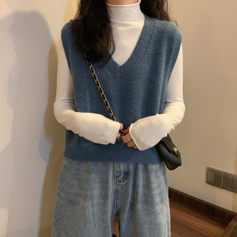 Picture of Loose V-neck short sweater vest vest coat autumn and winter New Internet celebrity Blue temperament knitted vest for women fashion