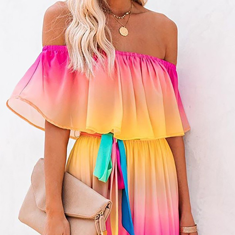 Picture of 2025 Summer Export New Wish Style Rainbow Gradient Dress Amazon Ebay One-Line Collar Cross-Border Dress