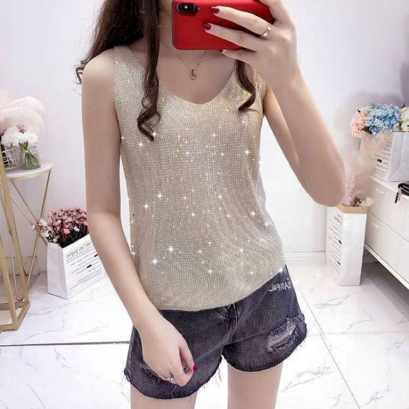 2025 New Women's Ice Silk Diamond Camisole Vest Women's Summer Loose Short Shirt Sleeveless All-match Collar Base Shirt