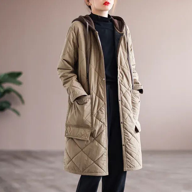 2024 New Autumn and Winter Mid-Length Versatile Cotton Outwear Fashionable Simple Quilted Thickeneded Outwear Hooded Splicing Cotton Outwear for Women