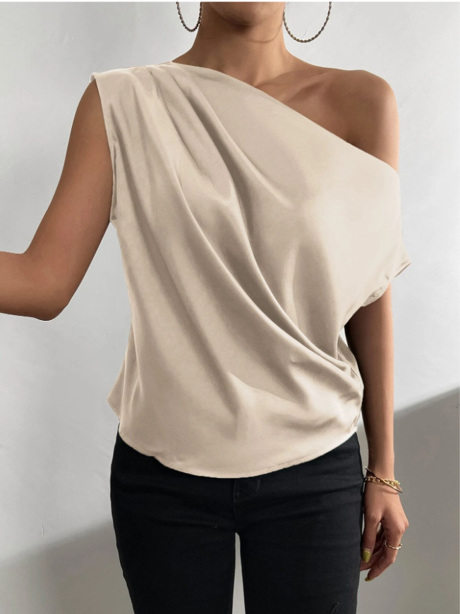 Picture of 2025 Spring Solid Color Satin Simulated Silk Irregular Sloping Shoulder One-Neck Pullover Sleeveless Shirt Women's European and American Clothing