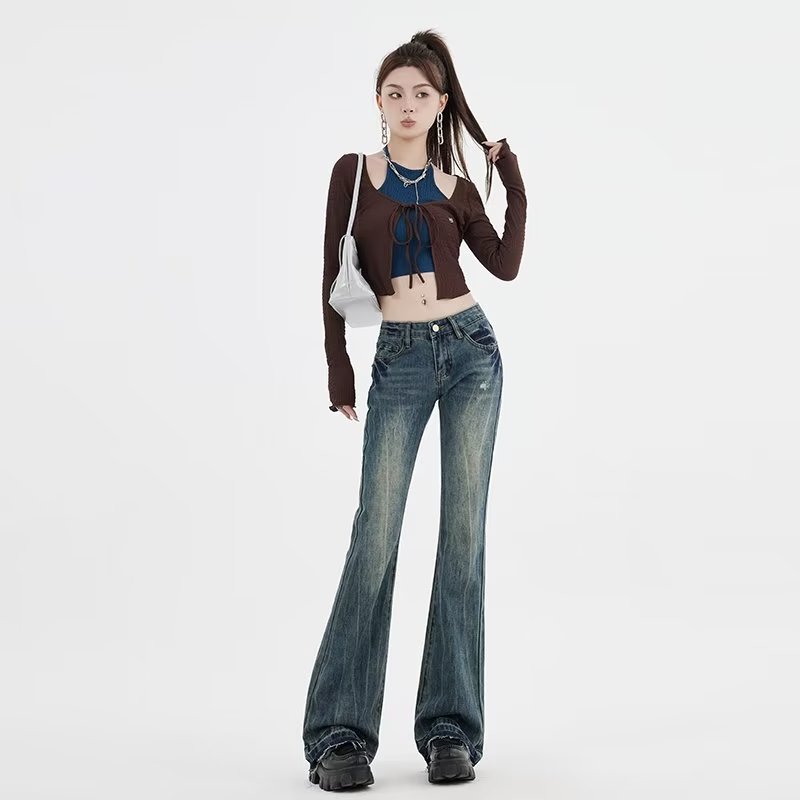 American Style Retro High Waist Micro-Lam Jeans Women's Summer Embroidered Old Slim-Fit Slimming Trumpet Long Pants