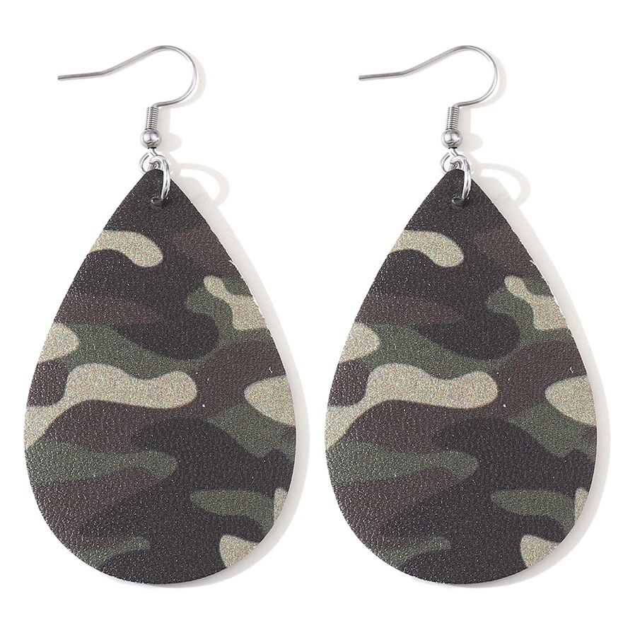 Europe and the United States cross-border new army green camouflage color PU leather earrings water drop shape double-sided printed earrings ear jewelry