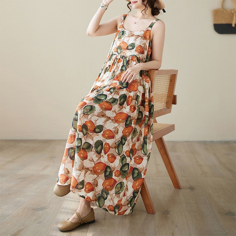 Actual Shot of 2025 New Summer Cotton and Linen Printed Splicing Long Skirt Dress with Suspenders, Loose and Slimming Look, Large Hem Cake Skirt