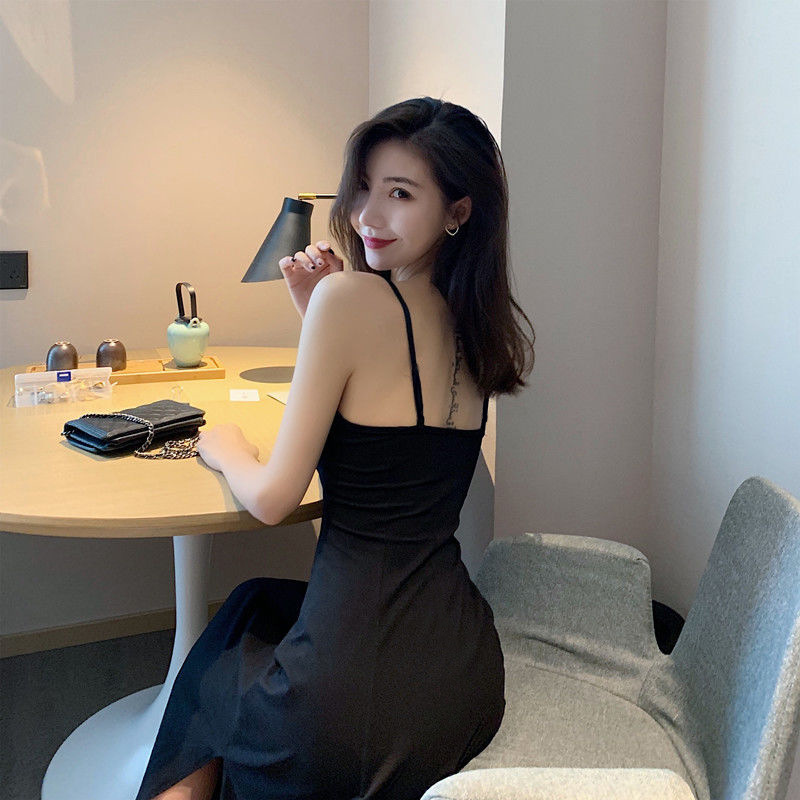 Picture of New Suspbottomer Little Black Dress Sexy and Gentle V-Neck Bottoming Retro Long Side Slit Black Dress for Women