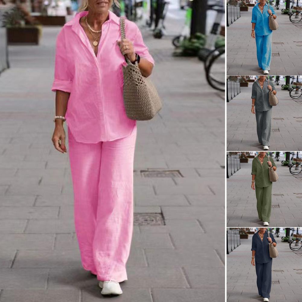 Picture of European and American Cross-Border Women's Two-Piece Set for Women 2024 Lapel Long-Sleeved Shirt Spring and Autum Casual Pure Color Pants Wide-Leg Suit