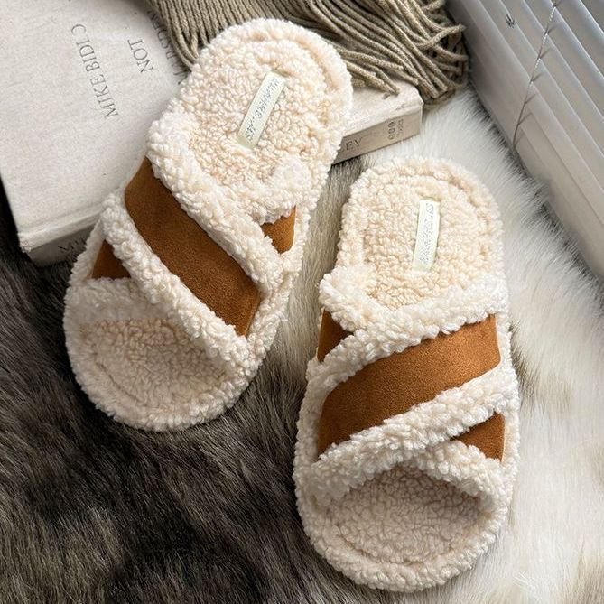 Thick-soled wool slippers for women wear 2025 new autumn and winter lambswool high-end fluffy cotton slippers