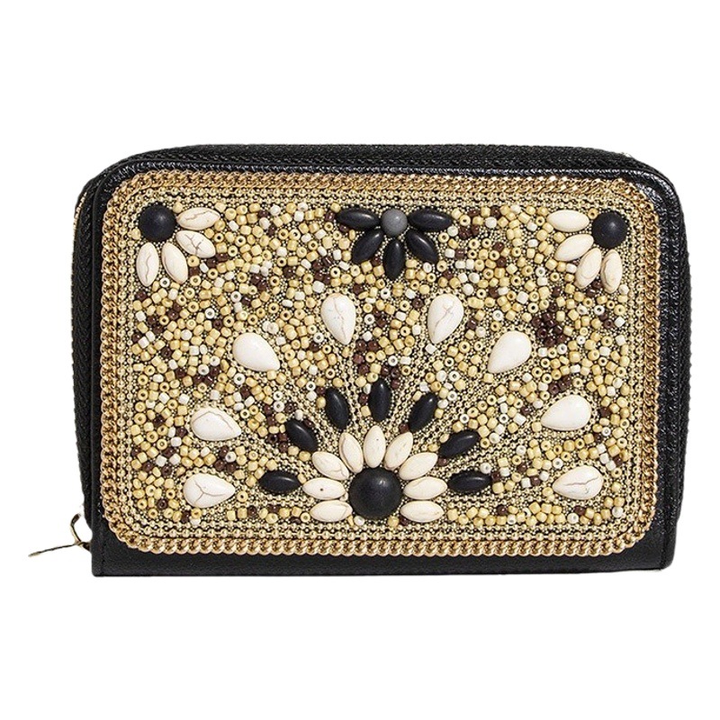 New Heavy Industry Bohemian Style Rice Beads Butterfly Flowers Exquisite PU Zipper Card Bag Small Coin Purse Women's Square Bag