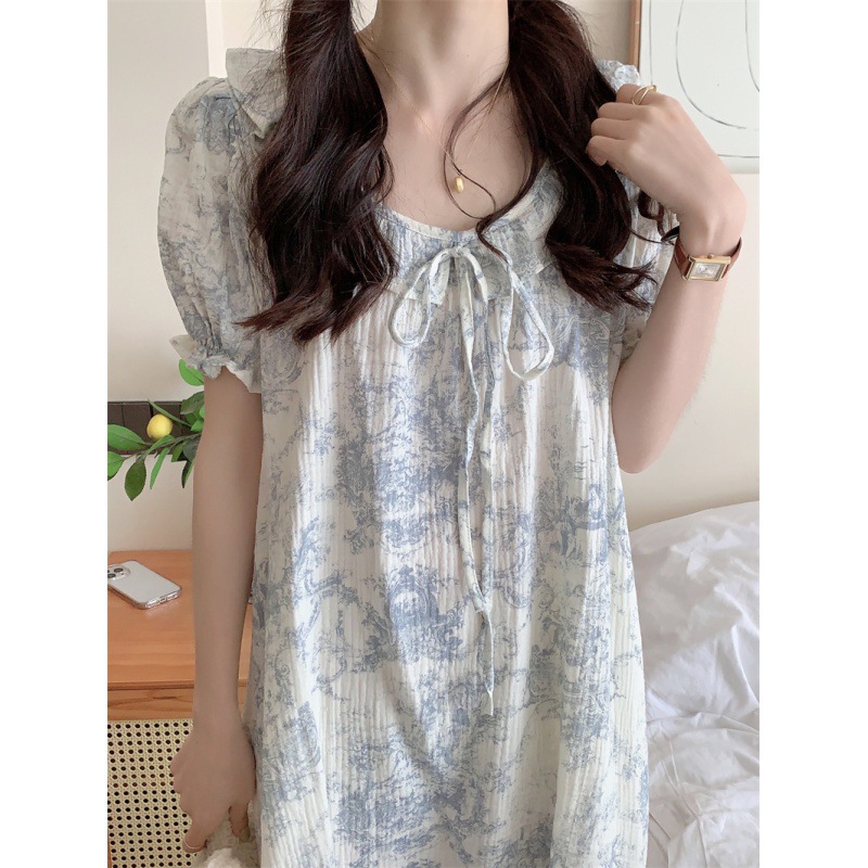 Real shot 2024 summer new pajamas women Korean ink painting casual short sleeve nightgown can be worn outside home clothes wholesale